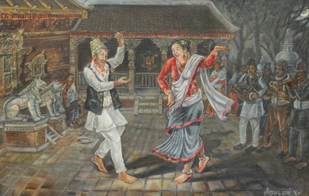 काठमाडौंको नेवार दम्पती नृत्यरत यो पेन्टिङ चित्रकार हरिप्रसाद शर्माले आफ्ना छोरा विष्णुप्रसाद शर्माको २५ औं विवाह वर्षगाँठका अवसरमा उपहार दिएका हुन्।